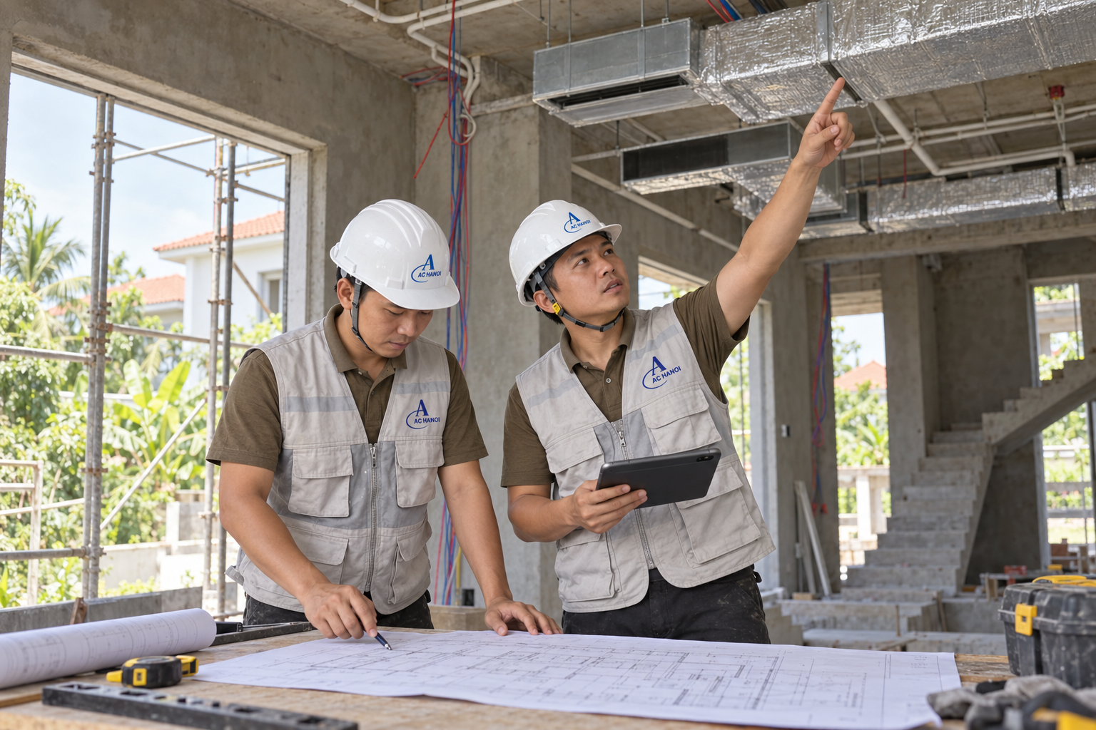 Minh họa kỹ thuật viên AC Hà Nội khảo sát phương án điều hòa cho biệt thự.
