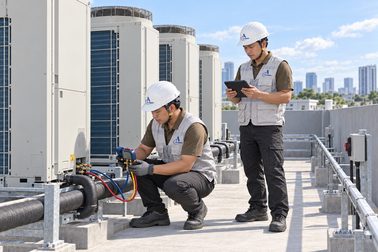 Kỹ thuật viên AC Hà Nội kiểm tra dàn nóng VRV trên sân thượng.