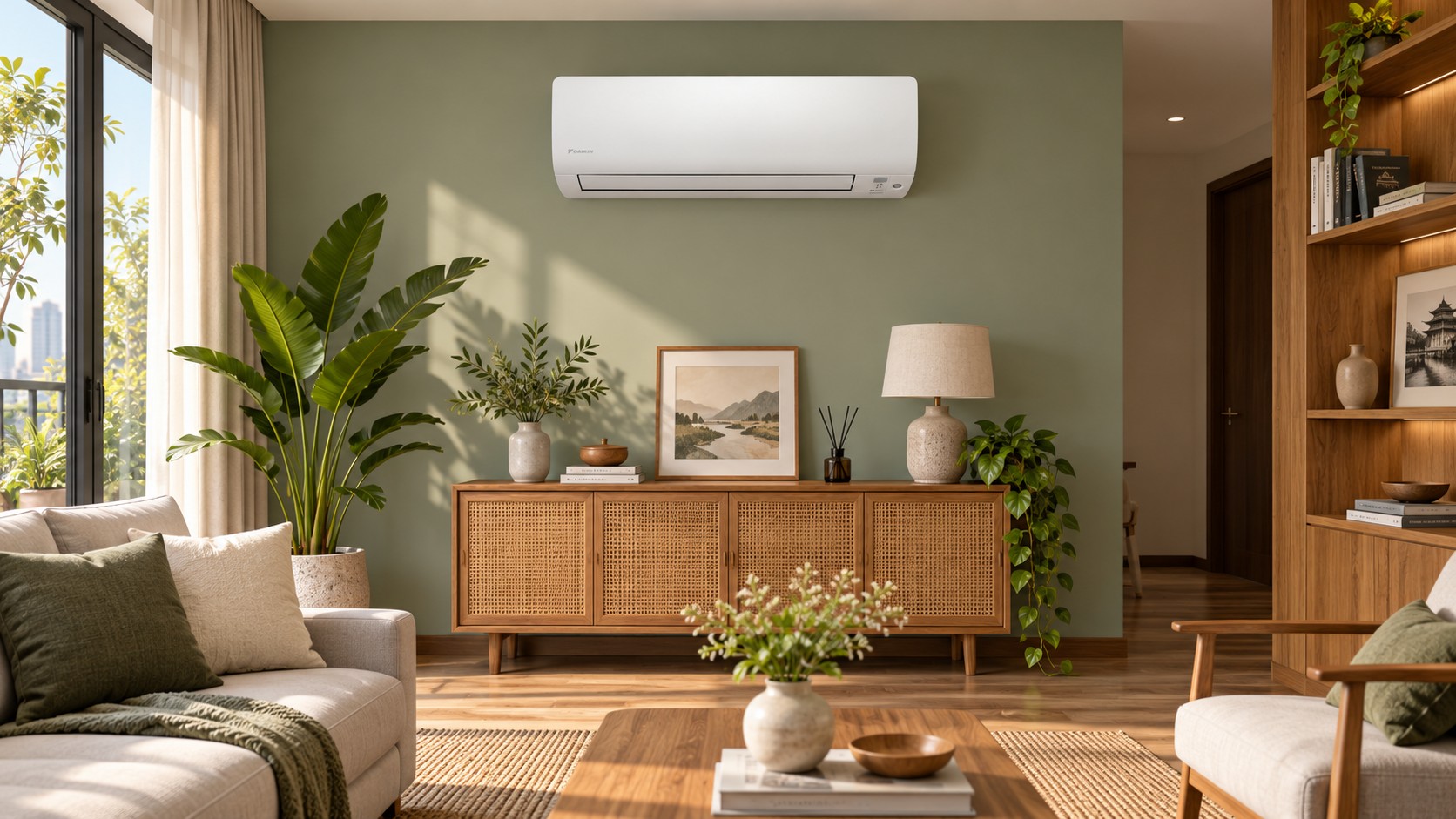 Gợi ý phối hợp dàn lạnh treo tường với phòng sinh hoạt.