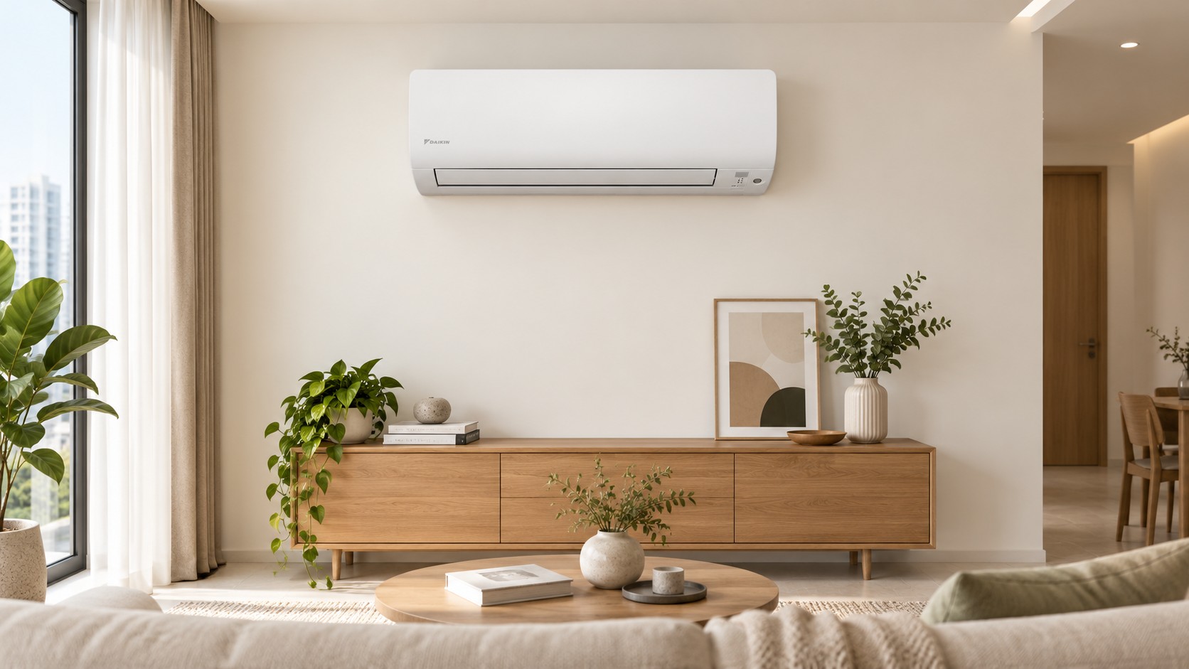 Gợi ý phối hợp điều hòa với không gian phòng khách.