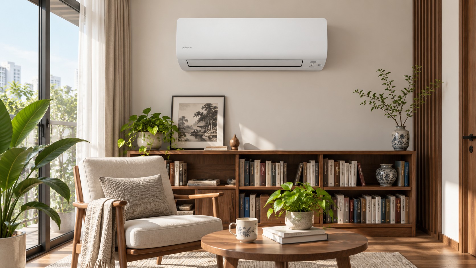 Gợi ý bố trí dàn lạnh treo tường trong phòng đọc sách.