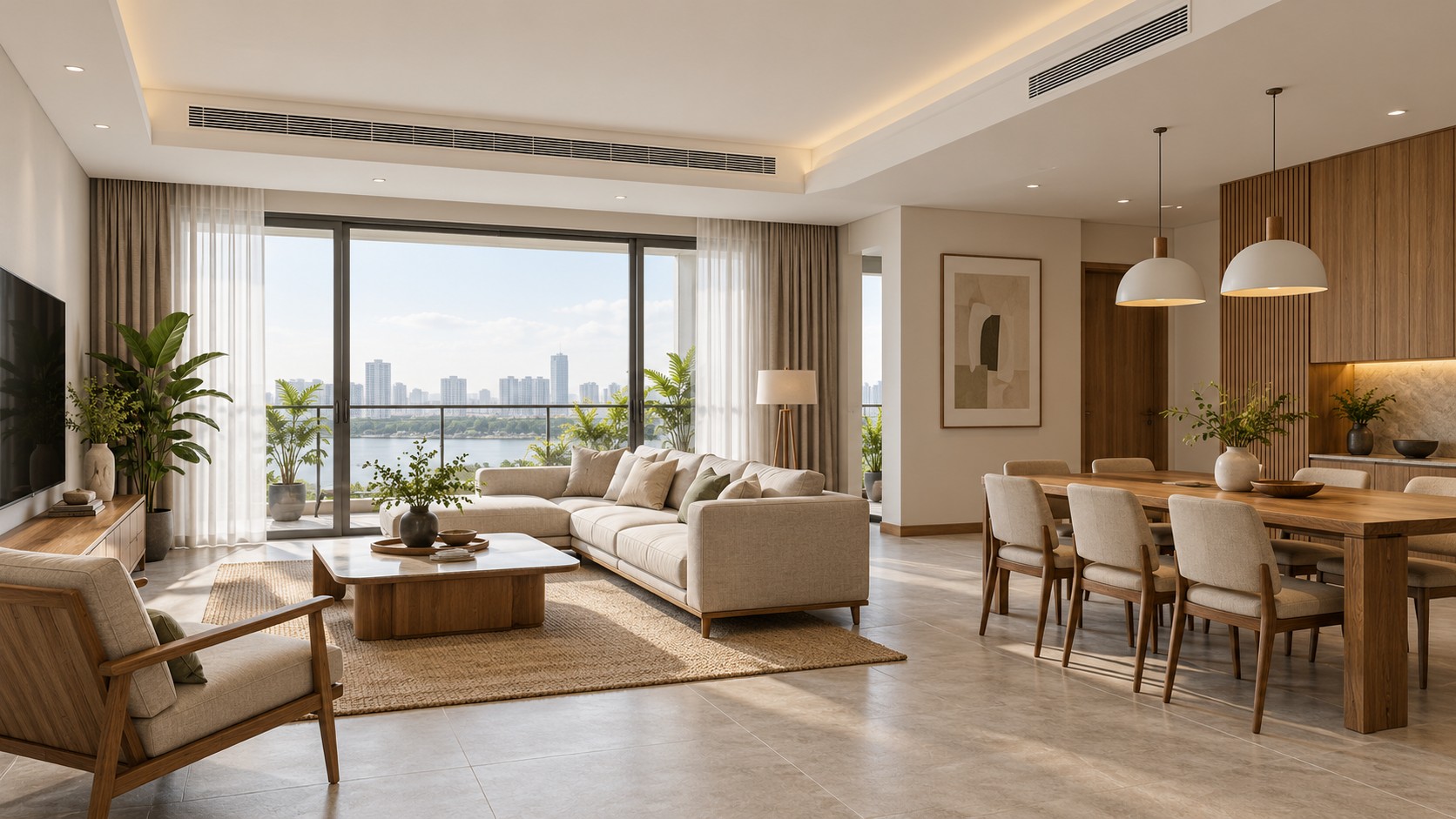 Không gian nội thất với cửa gió tích hợp trên trần.